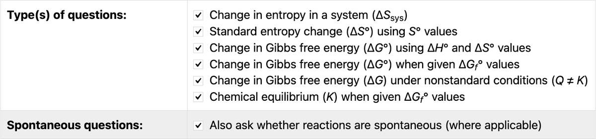 ChemQuizDotNet's tweet photo. *New quiz*: Chemical Thermodynamics! Calculate entropy (ΔS°) &amp; free energy (ΔG°) changes, equilibrium constants and reaction quotients, and determine whether a reaction is spontaneous or not. Options for word problems &amp; solution setups! https://t.co/pEz0aJEOZw #chemed #iteachchem https://t.co/wB26M64KIL