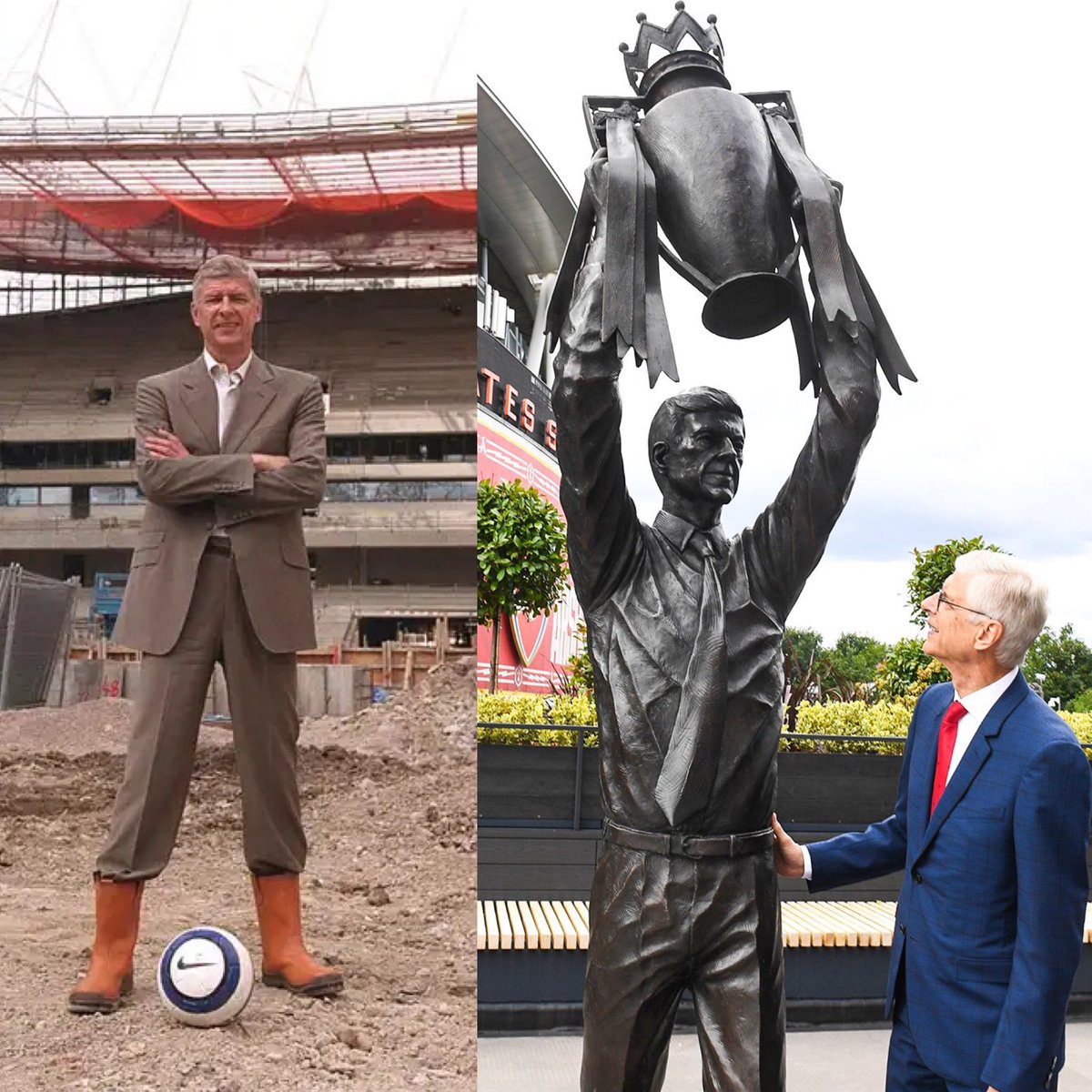 Qué imagen hermosa. Arséne Wenger observa la estatua que le inauguró el Arsenal en su honor, a las afuera del Emirates, estadio que él vio construir mientras era el DT del Arsenal. Él mismo participó en el diseño de, por ejemplo, los camerinos. El único DT que ha ganado la…