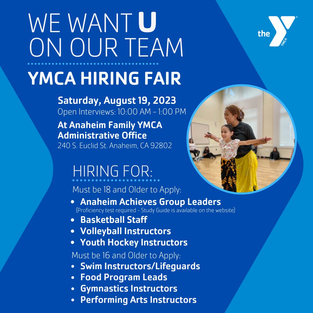 We Want U at our Y!

Find your impact and bring your talents to a professional role at the Anaheim Family YMCA at our hiring fair on August 19th at our administrative offices from 10 a.m. to 1 p.m. 

For more information visit anaheimymca.org/staff-openings… 

#YMCA