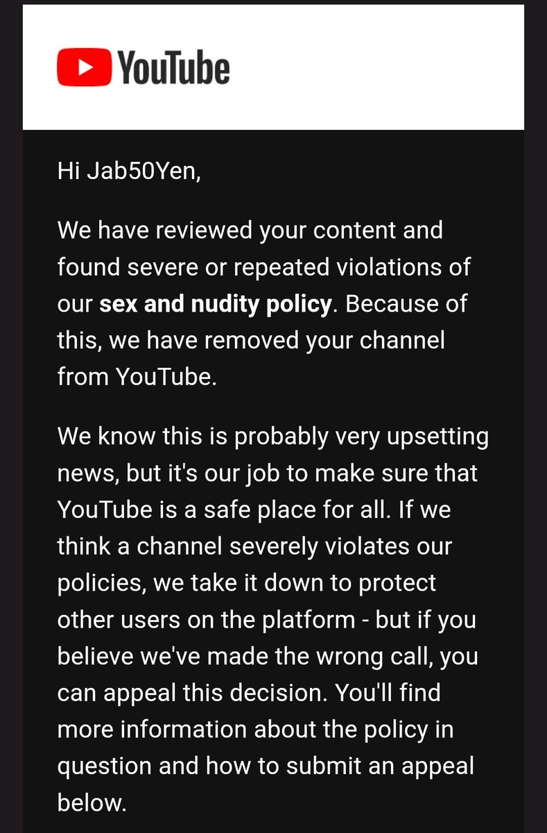 jab50yen's tweet photo. A video was uploaded unlisted to my @YouTube channel for future proofing/research. I had 0 strikes on my channel beforehand and was not expecting immediate termination.

My channel is crucial for my line of work and would appreciate a second chance @TeamYouTube @YouTubeCreators https://t.co/oHf3SCCG8S