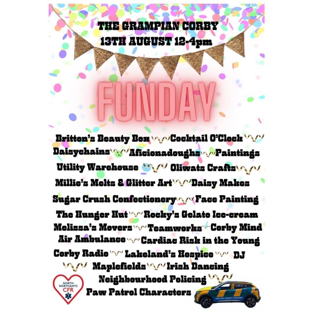 Next weekend! 🎉12-4pm Sunday 13th August @ The Grampian Club Corby! Family FunDay with lots of stalls, entertainment, food & drinks plus BLS demos from our responders & much more! Check out our event on Facebook here facebook.com/events/s/famil… + share this to your family & friends!