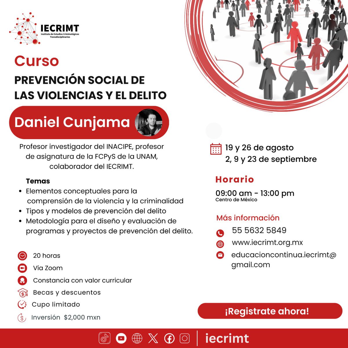 iecrimt_oficial's tweet photo. 📌 Te invitamos al curso que impartirá el Dr. @DanielCunjama "Prevención social de las violencias y el delito". Conoce aquí los temas a trabajar: 
#cursos2023 #IECRIMT #ClaustroIECRIMT #PrevencióSocial #Violencia #CursosIECRIMT https://t.co/o9ZOkTKD1G