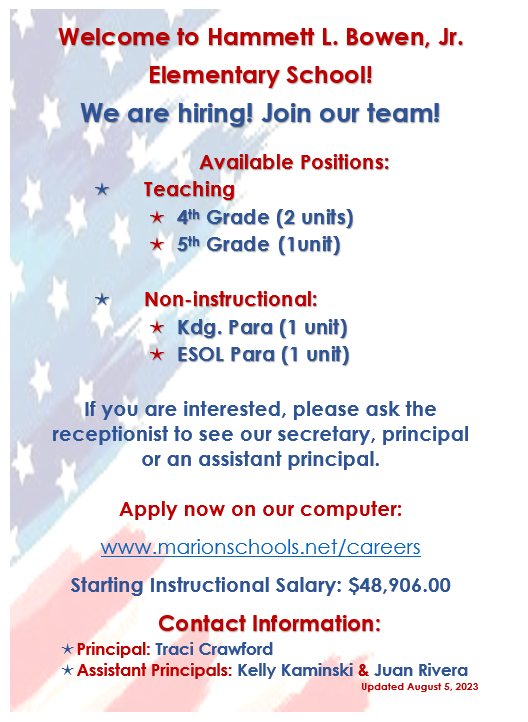 August 5, 2023 Update:  There are great teaching opportunities at Hammett L. Bowen, Jr. Elementary School! Apply now: marionschools.net/careers
<a href="/RecruitMCPS/">RecruitMCPS</a> <a href="/MCPS_Elementary/">🍎 MCPS Elementary Education</a> <a href="/Hammett_Bowen/">Hammett_Happenings</a>
🐻♥️🍎🐾