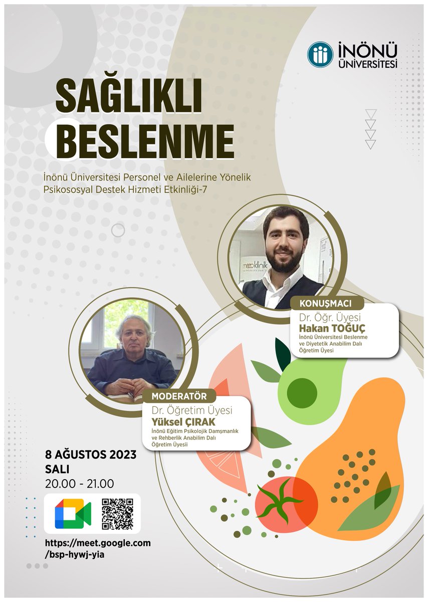 Yedinci etkinliğimizi Sağlıklı Beslenme gündemiyle gerçekleştiriyoruz. İlgili bütün mensuplarımızı ve ailelerini çevrimiçi etkinliğimize davet ediyoruz.

Etkinlik linki: meet.google.com/bsp-hywj-yia
Etkinlik zamanı: 8 Ağustos Salı 2023 Saat: 20:00 - 21:00