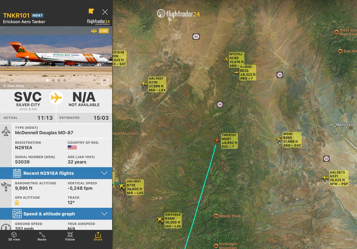 Bewickwren's tweet image. MD87 on its way back to what appears to be #DolanFire listed at 170 acres in Gila National Forest. 
Started 7/30/2023
Coordinates: 33.541700, -107.834400
#NMFire
🔥🔥🔥

Flight from Silver City 
fr24.com/TNKR101/317504…