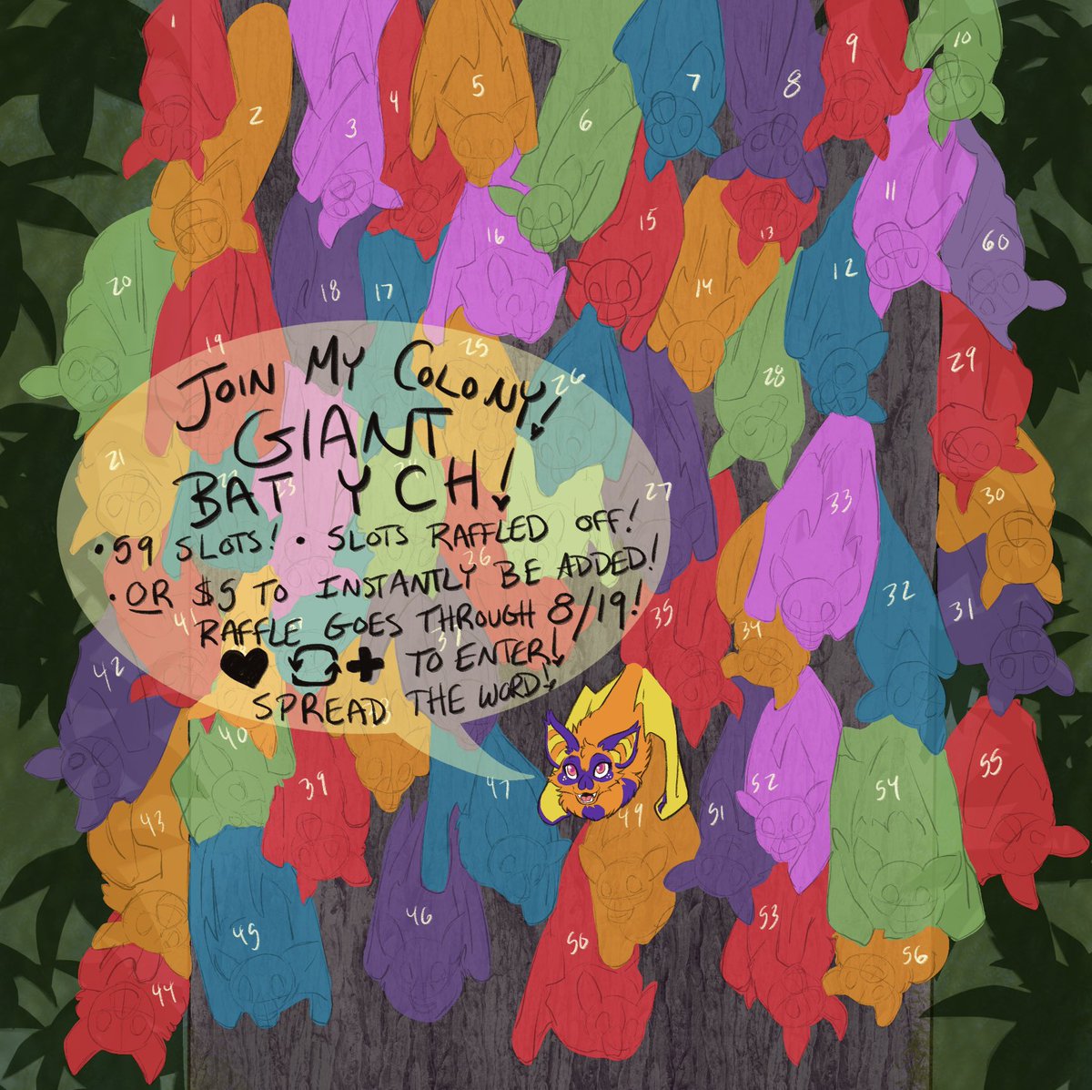 🦇🦇🦇IT’S BATURDAY! CALLING ALL BATS!🦇🦇🦇
I am building a MASSIVE 60 bat YCH colony! Come join me! Slots can be purchased at $5 a piece to instantly be added with all remaining slots raffled off on 8/19! To enter the raffle like, retweet and follow! DM to buy a slot! 🦇💜🧡🦇