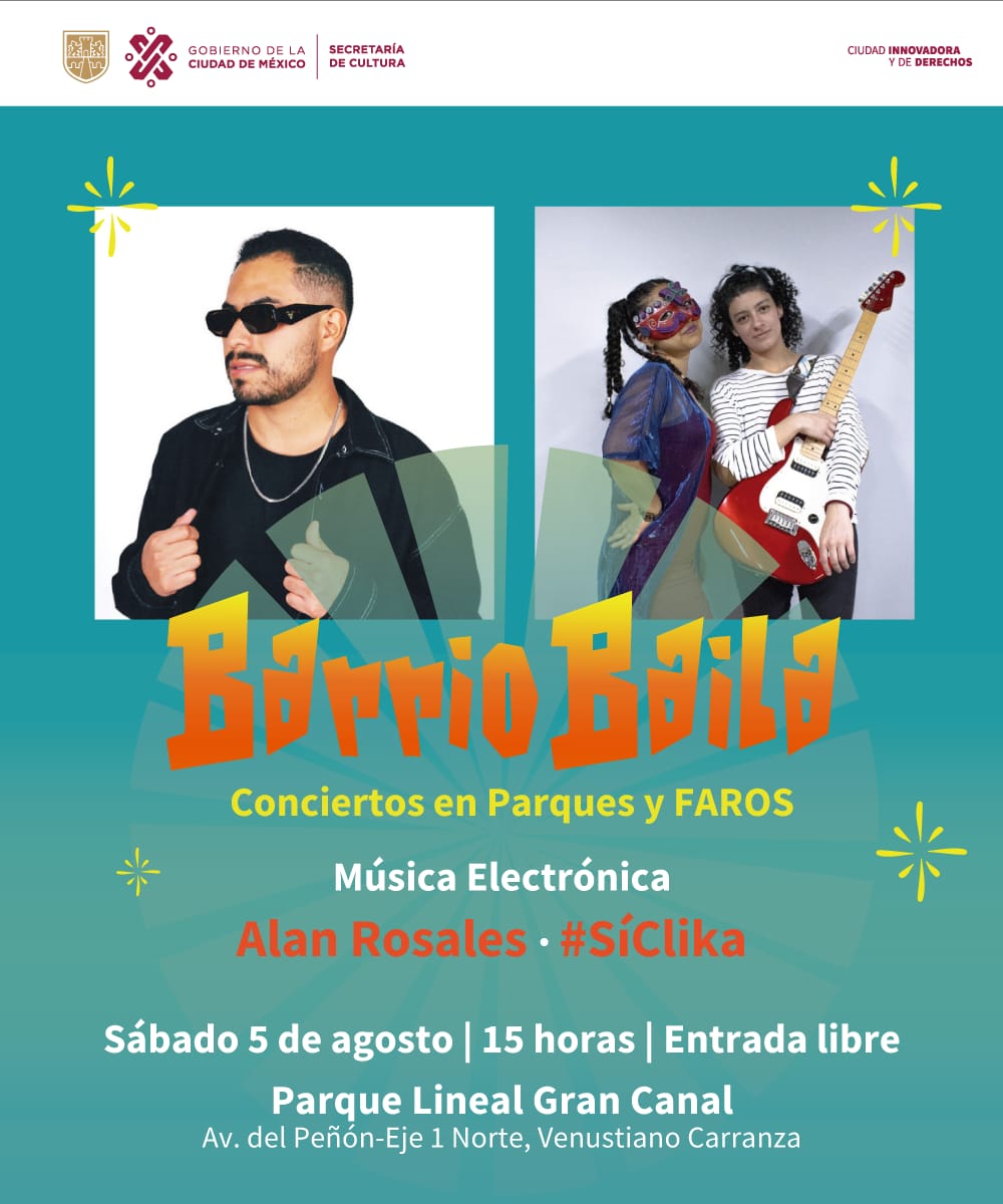 Este sábado 5 de agosto en el Parque Lineal Gran Canal de la <a href="/A_VCarranza/">Alcaldía Venustiano Carranza</a>, se hará presente el rap de #SíClicka con <a href="/DiosaEspiral/">Diosa Espiral</a> y <a href="/Aletia94/">Aletia Gc Music</a>, y la electrónica tribal de <a href="/AlanRosalesMx/">Alan Rosales</a>, como parte de Barrio Baila. Nos vemos entre Avenida Peñón y Eje 1 Norte a las 15 horas.