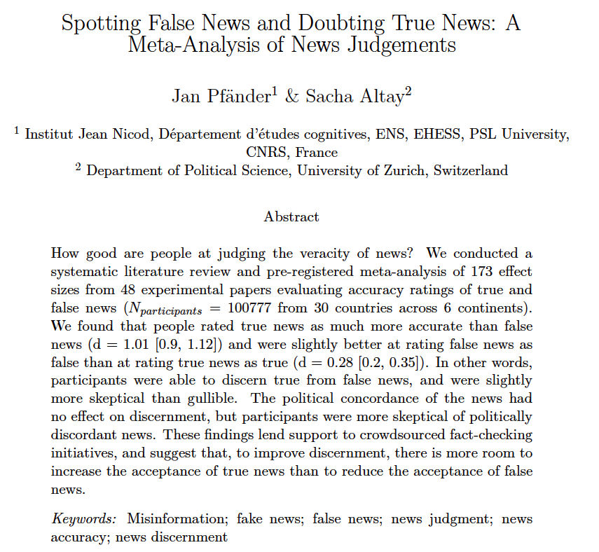 🚨 New working paper: How good are people at judging the veracity of news?

Our finding: People can tell true from false news. 🤓

But when they err, they are slightly more skeptical towards true news than they are gullible towards fake news. (1/14) 

osf.io/n9h4y/
🧵