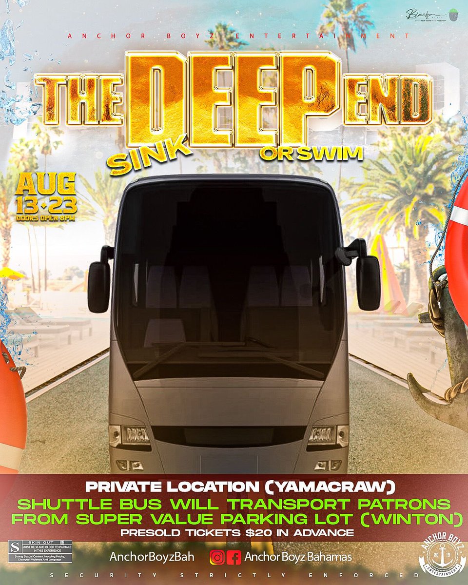 Come August 13th 
Bad Dj lineup OUTSIDE 🔥
We heading to a private location 🫣🤫
Shuttle bus to and from venue 
from Supervalue Winton parking lot 📍
Shuttle starts at 8pm 🕗 
Tickets available 
This is The Deep End Sink or Swim 🏊🏾‍♂️ 
Rated S for skin out🍑