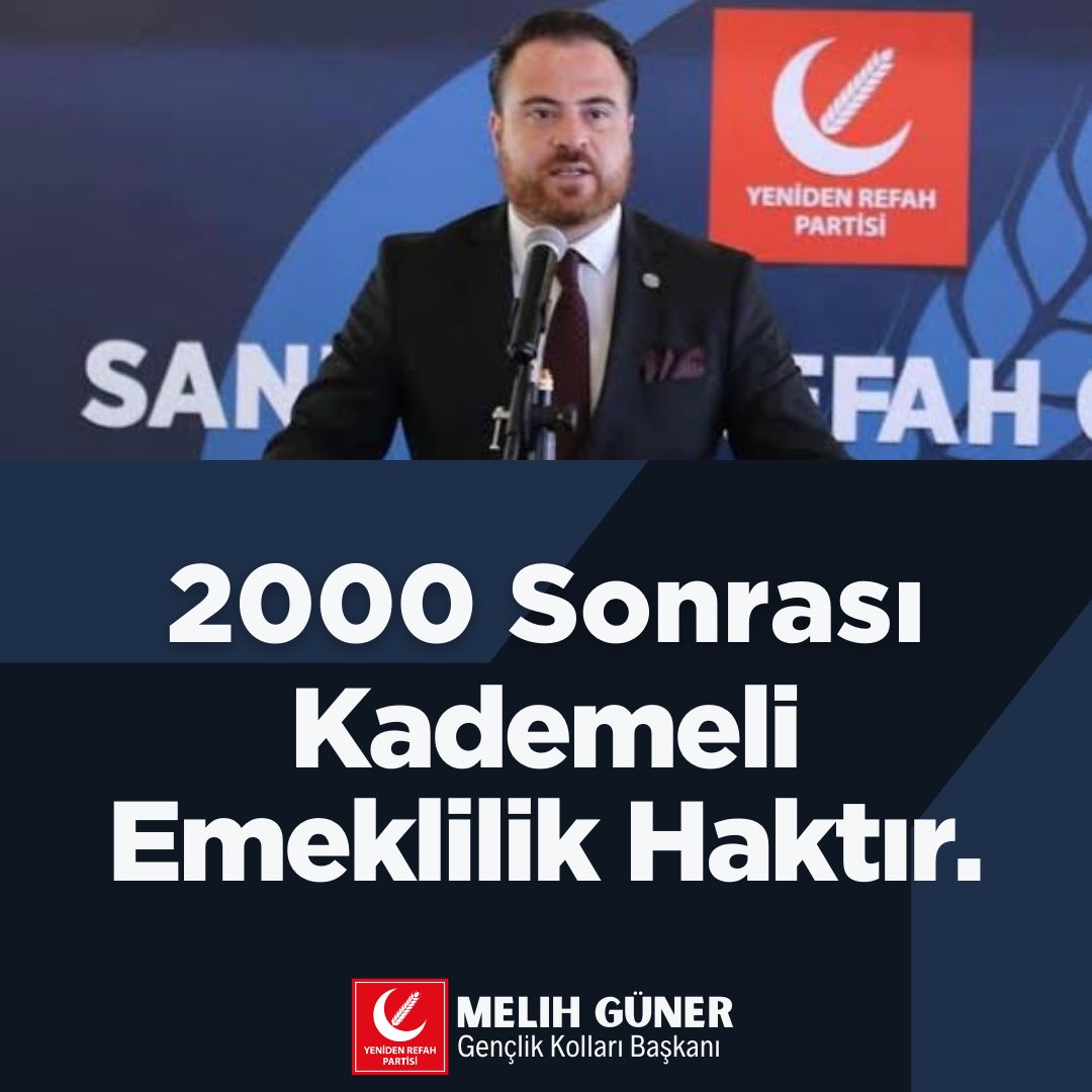 2000 Sonrası Kademeli Emeklilik Haktır.

Dr. Fatih Erbakan
Milli Görüş Lideri
#RefahınVaktiGeldi