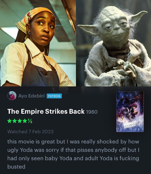 CultureCrave's tweet photo. #TheBear star Ayo Edebiri gives her review of #TheEmpireStrikesBack 😂 https://t.co/J6mB70jPsE