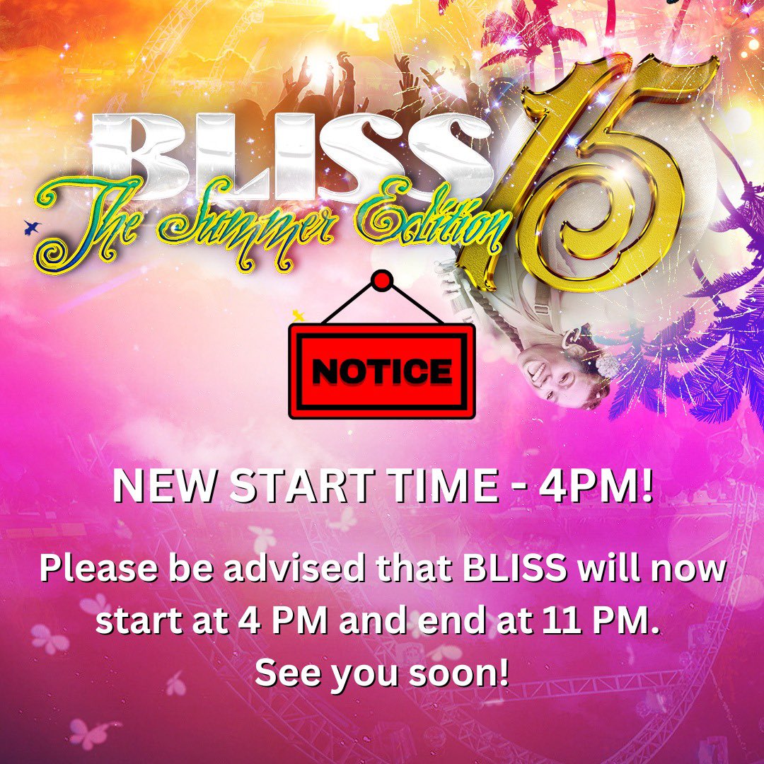 Em23Xtina's tweet photo. IMPORTANT NOTICE: New Start for BLISS: The Summer Edition is now 4 pm. The party and vibes will be extended to 11 pm. See you guys at this new start time and partying with you into the night! 

#Newstarttime #BLISS15 #esquireentertainment https://t.co/VkwnxGOgTM