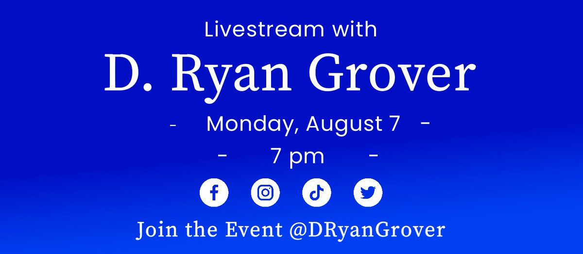 DRyanGrover's tweet photo. As the Democrat Lt Governor Candidate I want to hear issues, questions or ideas for us to make Mississippi the BEST place to live.

Join me this Monday (Aug 7) at 7 pm for a livestream discussion! Every social media account @DRyanGrover will livestream on their story. 

By the end of our discussion I hope you'll be as enthusiastic as I am to get out the vote on August 8 and November 7.

This will be livestreamed on all my social media accounts @DRyanGrover

Campaign Contact Information:
Website: https://t.co/L0ro9wOtZJ
Social Media: @DRyanGrover
Email: dryangrover@gmail.com
Phone: 769-529-VOTE (8683)