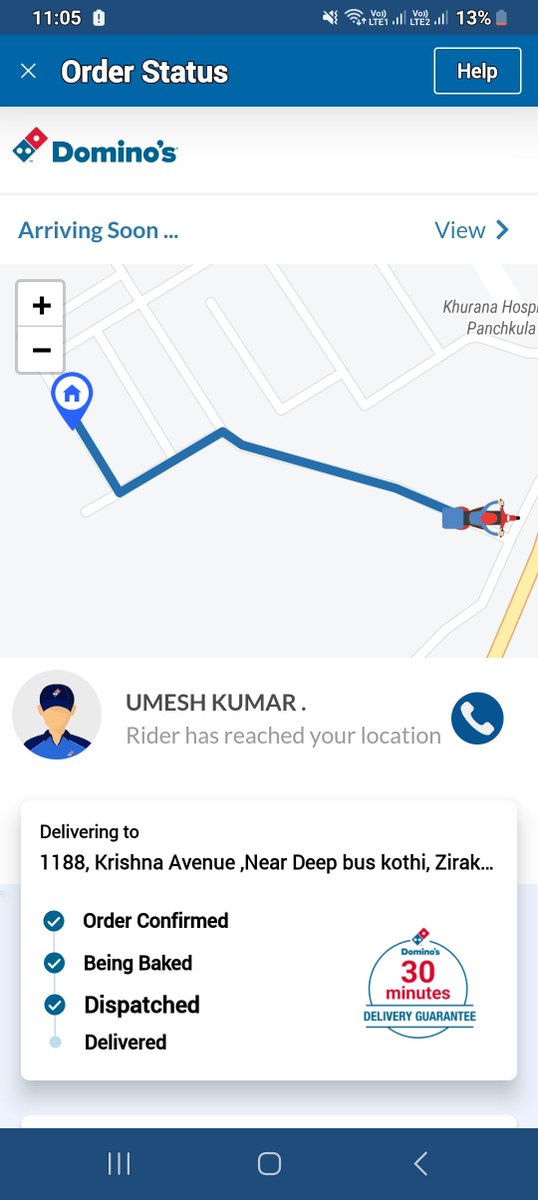 lav_verma's tweet photo. @dominos_india Fake chat support says this order got delivered in 13 minutes and I have tracking details of your App..which proves this order was delayed by 10 minutes..I want complete refund as this has happened thrice now..@ZeeNewsEnglish @ndtvfeed @CNBC https://t.co/e0AMWQSn03