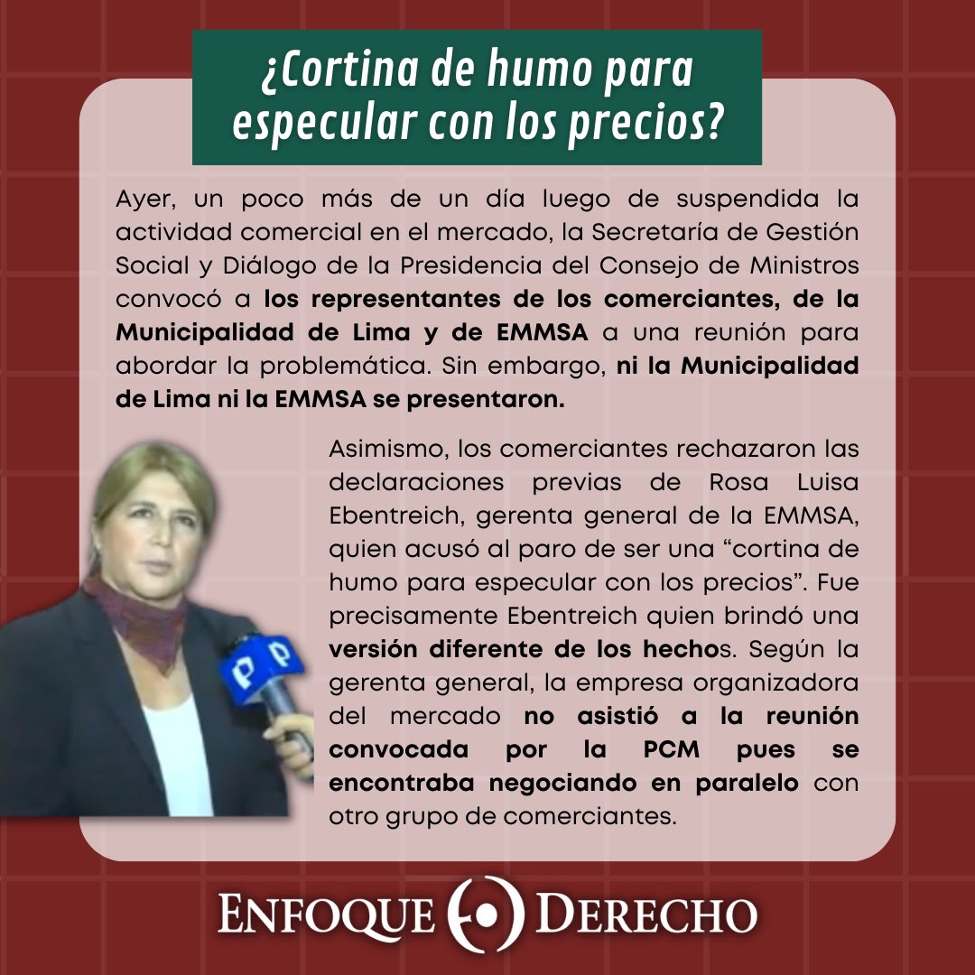 EnfoqueDerecho's tweet photo. #Comerciantes 🏪
¿Conoces que ha dispuesto la Empresa Municipal de #Mercados de #Lima(EMMSA)? ¿Sabes qué ha pasado últimamente?
En el siguiente #carrusel, #EnfoqueDerecho te explica más sobre el acuerdo de comerciantes con la #PCM y cómo este ha sido desestimado por la #EMMSA. https://t.co/LmXkCjsFqf