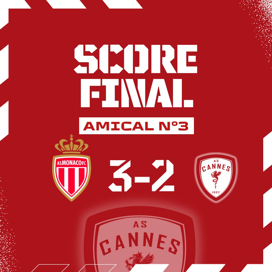 ASCannes1902's tweet photo. 🔴 DIRECT | #Amical
⏱️ 90’ Fin de ce troisième match amical face au groupe élite u23 de l’AS Monaco.
Défaite 3 buts à 2 de nos Dragons, avec 2 buts de Gonçalves et Kielt en première mi-temps.
Prochain match samedi prochain face au FC Rousset.
3️⃣-2️⃣ | #ASMASC https://t.co/0xECjt8GjR