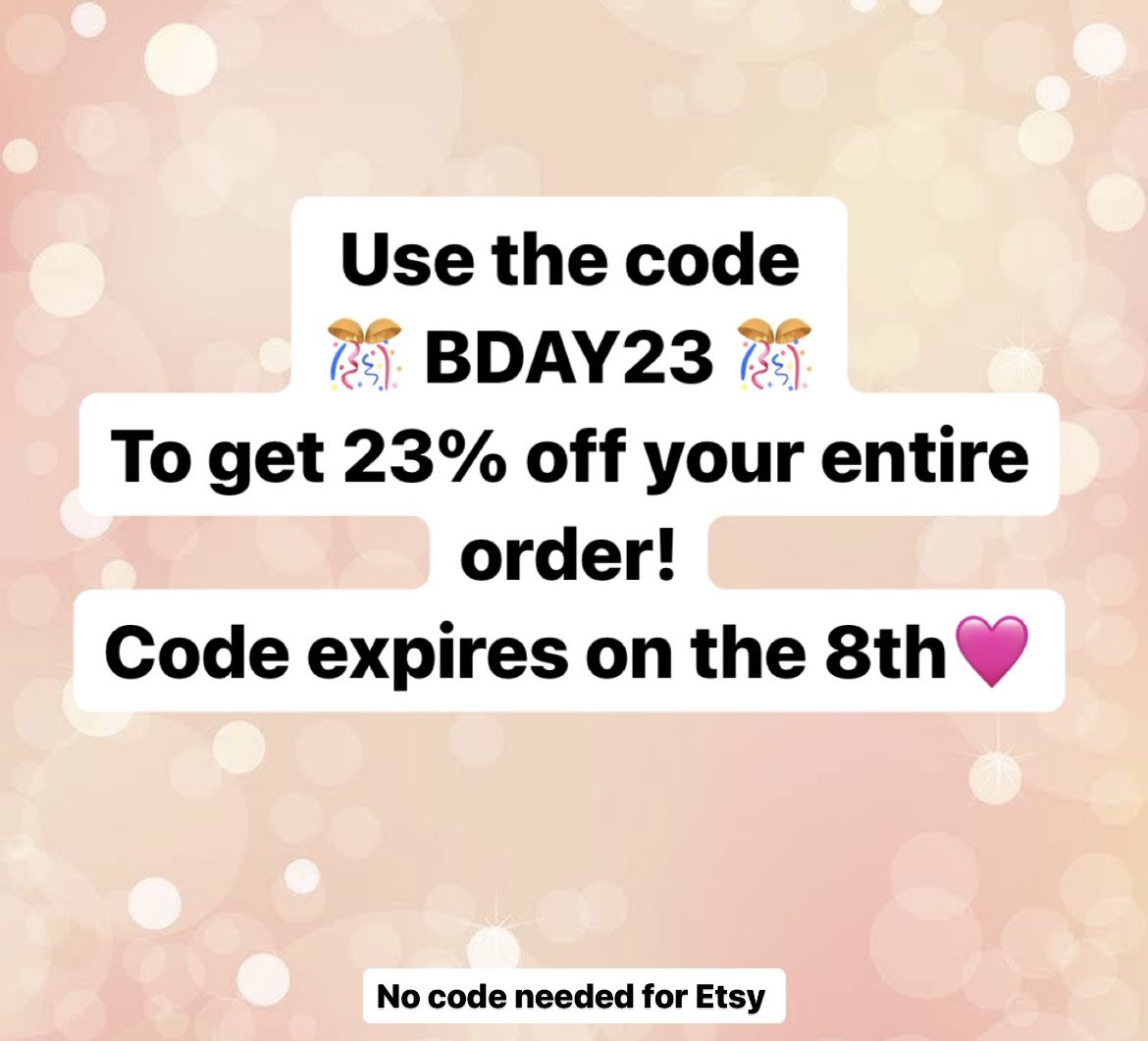 It’s my birthday tomorrow!! 
To celebrate I’ve made a little discount code that can be used from now until the 8th August!! 
No code needed for Etsy!