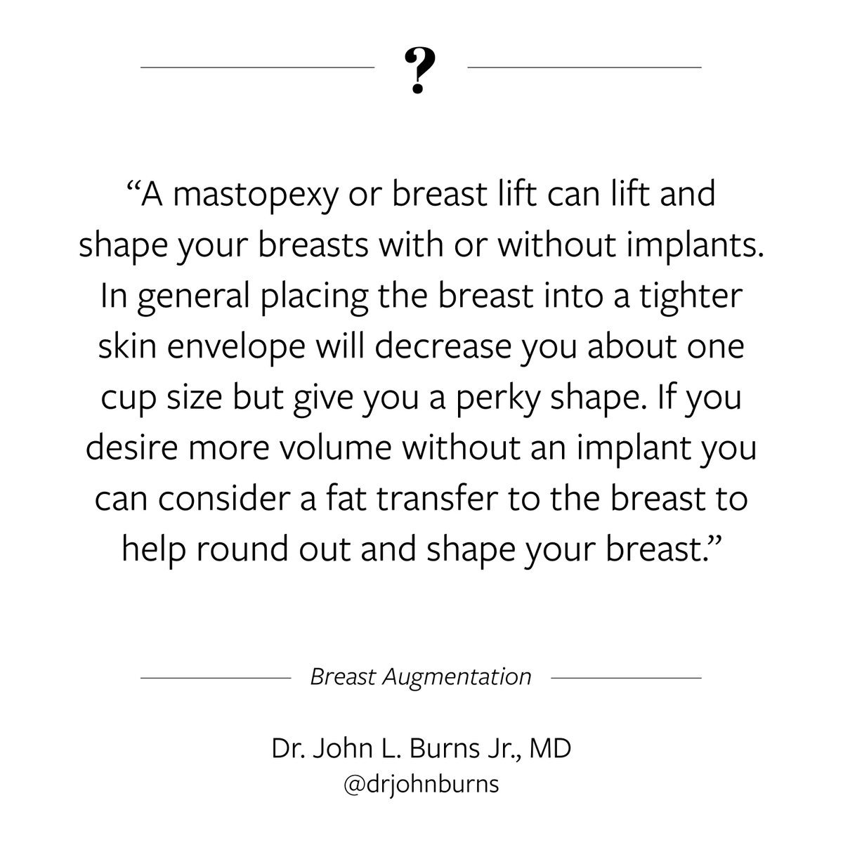 drjohnburns's tweet image. If size and perk matter most, you'll want to consider a fat transfer to the breasts. It will give you the shape you desire while elevating your breasts to a perkier position. 

#fattransfer #fatgrafting #breastlift #dallasplasticsurgeon