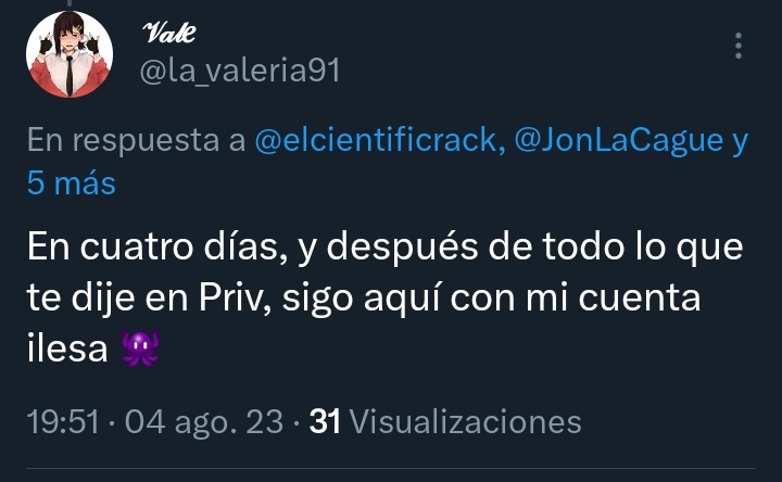 JonLaCague's tweet photo. @la_valeria91 @elcientificrack @itzSpidey_ @NessRedhead @vManchis_WRLD @GENO_IS_COMING Te hablo de que estas vacilando de haberme escrito por MD no se que mierda y dices que tu cuenta sigue intacta
Y te digo que, solo me has mandado "saluditos" a mi y a mi, a la cuenta de @elcientificrack por MD 
Te lo enseño
Si me das permiso, público lo que has mandado por MD 🤣 https://t.co/EyQX91oVlR
