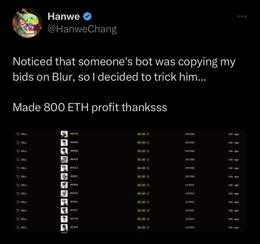 Bro just made $1,500,000 USD by tricking a bot which was copying his Blur bids. GG