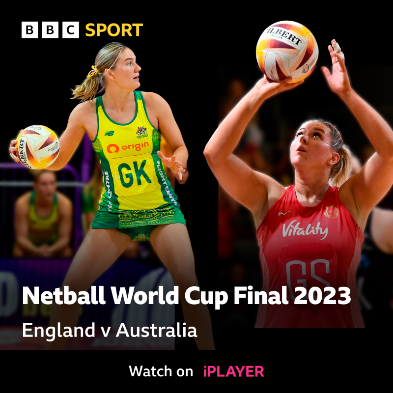 BBCSport's tweet photo. Here we go! 👊

England 🏴󠁧󠁢󠁥󠁮󠁧󠁿 face 11-times World Champions Australia 🇦🇺 in the Netball World Cup Final.

This is going to be huge.

📲 Follow live on @BBCTwo, @BBCiPlayer, @BBCSounds and the BBC Sport website and app.

#BBCNetball #NWC2023