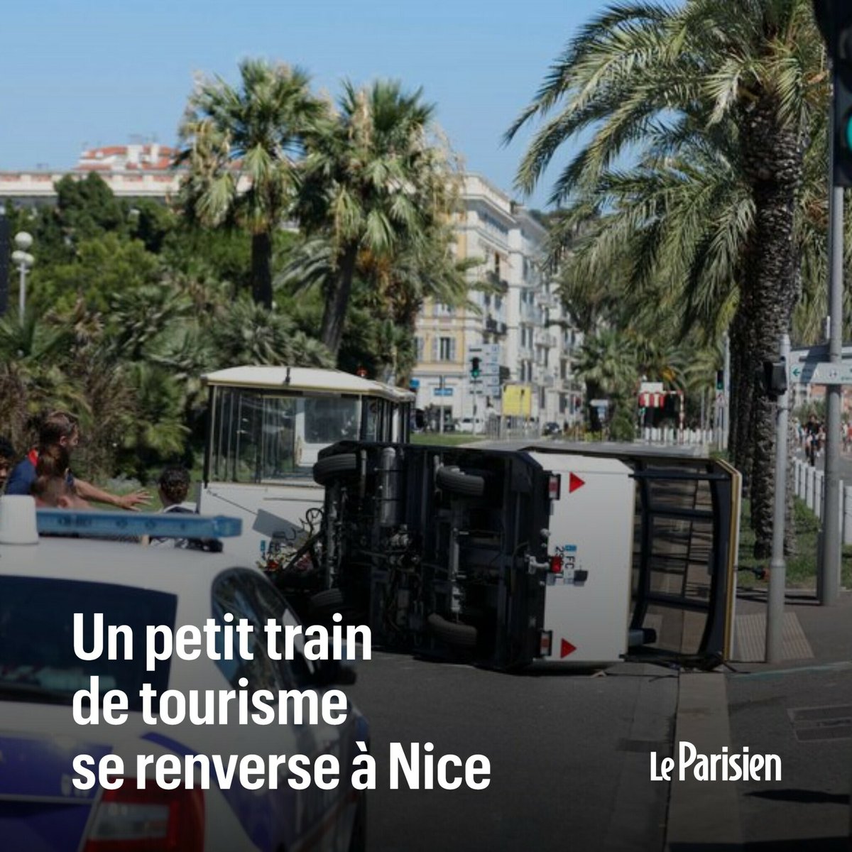 le_Parisien's tweet image. Un wagon d’un petit train touristique s’est renversé samedi après-midi sur la promenade des Anglais, à Nice, faisant 11 blessés légers
➡️ l.leparisien.fr/zWrx