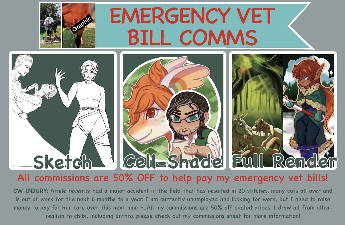 fate_spoiled's tweet photo. Emergency Commissions!
My horse recently had a major injury and I need to raise money to cover her care, I take paypal and kofi! 
https://t.co/dSw4LeEe2Q
https://t.co/2xdqLtfGSD
#commissions #art #artist #commissionsopen #emergencycommissions #dnd #horseart #digitalart https://t.co/jslkkds68T
