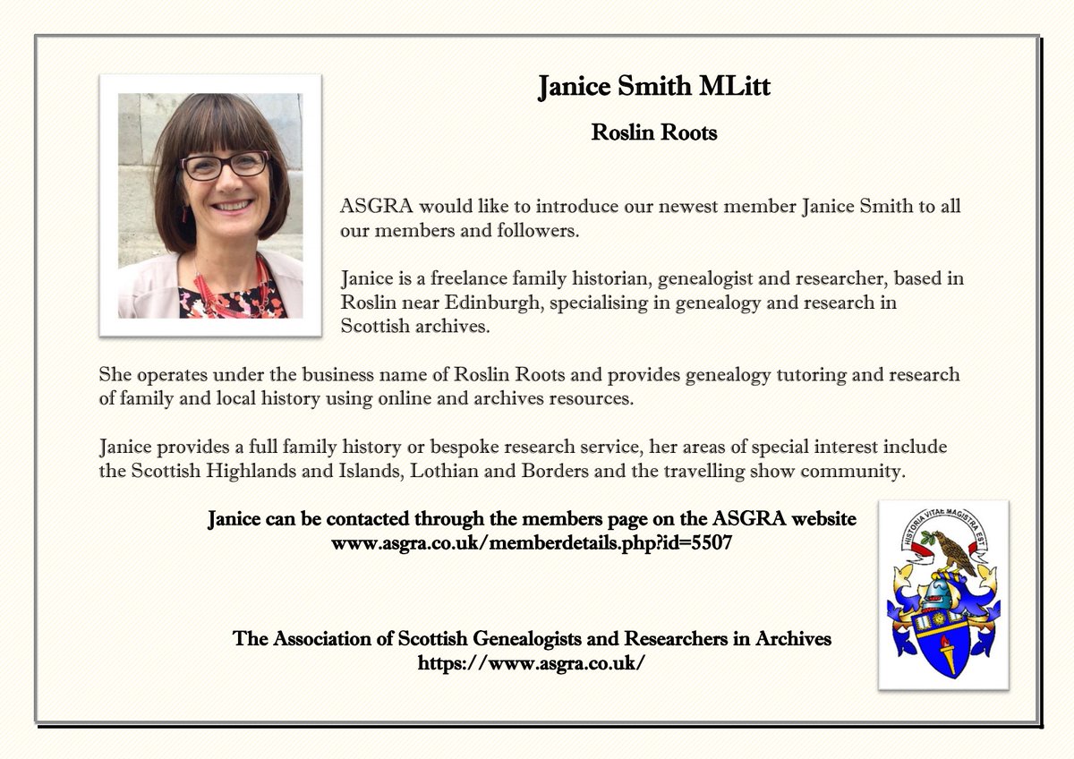 ASGRAGenealogy's tweet photo. ASGRA would like to introduce our newest member Janice Smith to all our members and followers.
#Scotland
#Genealogy
#FamilyHistory
#GenealogyResearchers
#Professional_Genealogist
#AGI https://t.co/WaZpmOrBng