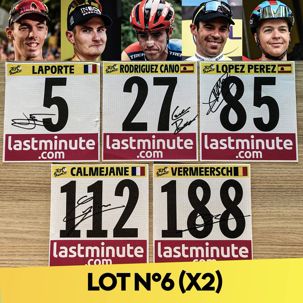 ⭐ LOT N°6 (x2) :

🇫🇷 Christophe LAPORTE
🇪🇸 Carlos RODRIGUEZ
🇪🇸 Juan Pedro LOPEZ
🇫🇷 Lilian CALMEJANE
🇧🇪 Florian VERMEERSCH

➡ Pour tenter de le remporter, RT ce tweet + follow <a href="/francetvsport/">francetvsport</a>