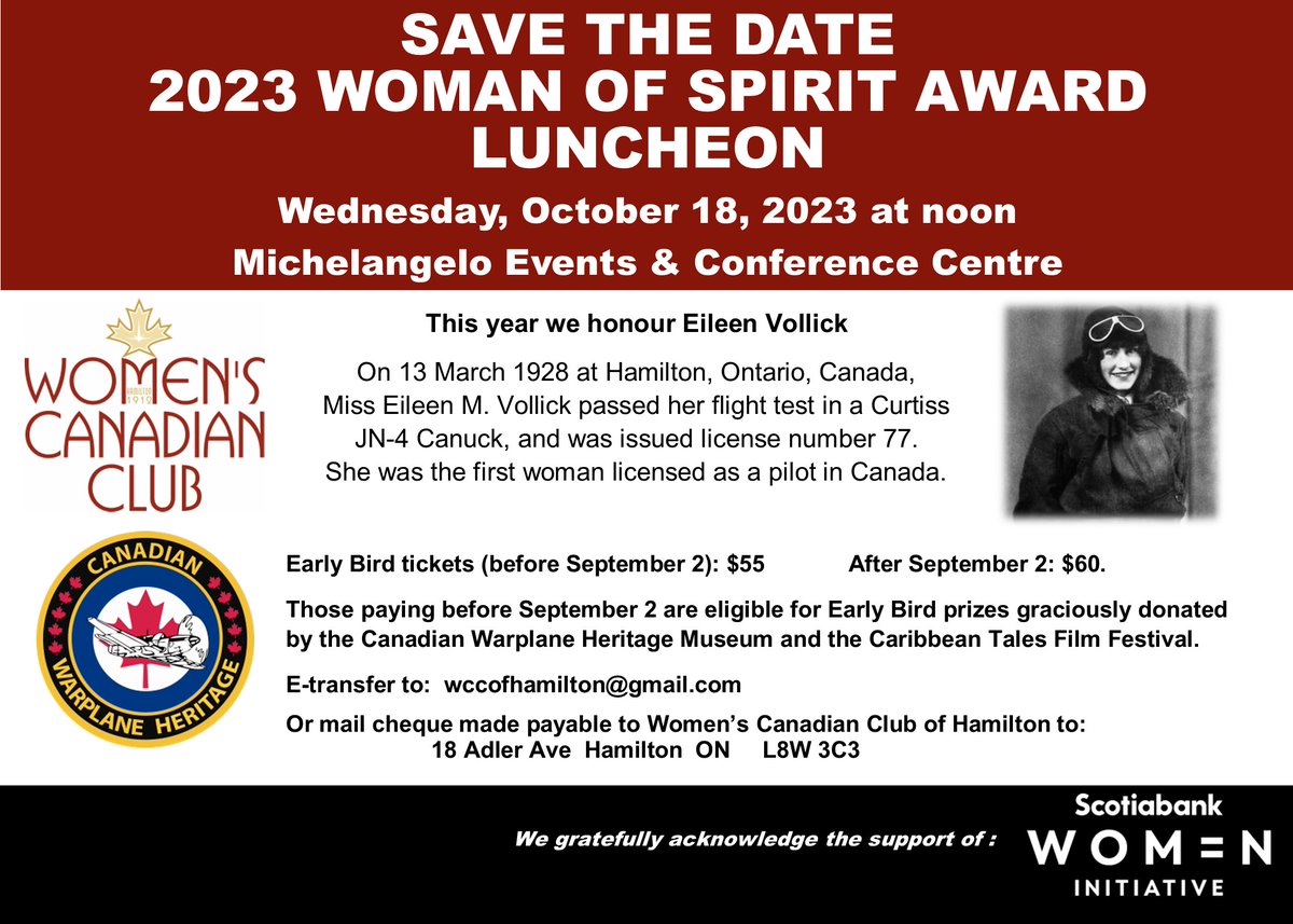 Hear Ye, Hear Ye <a href="/cityofhamilton/">City of Hamilton</a>  get ready for the 2023 Woman of Spirit Award. Purchase your early bird tickets &amp; save, as well as win fabulous prizes from <a href="/CWHM/">Canadian Warplane Heritage Museum</a> &amp; <a href="/CaribbeanTales_/">CaribbeanTales</a> Sponsorship/Donations for giveaways welcomed. Call Louise @ 905-865-1027. #WomenHistoryMonth  PRT