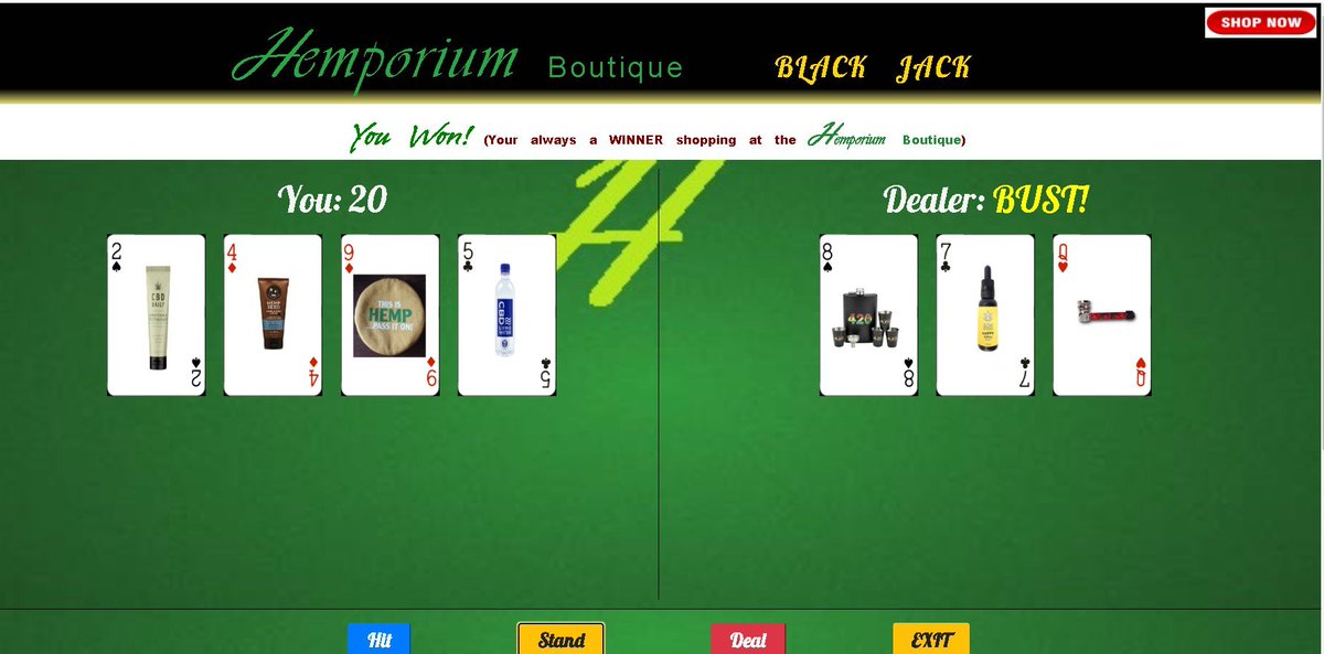 CannaDist's tweet image. You want to play a game? Try the new Black Jack game.
hemporiumboutique.com