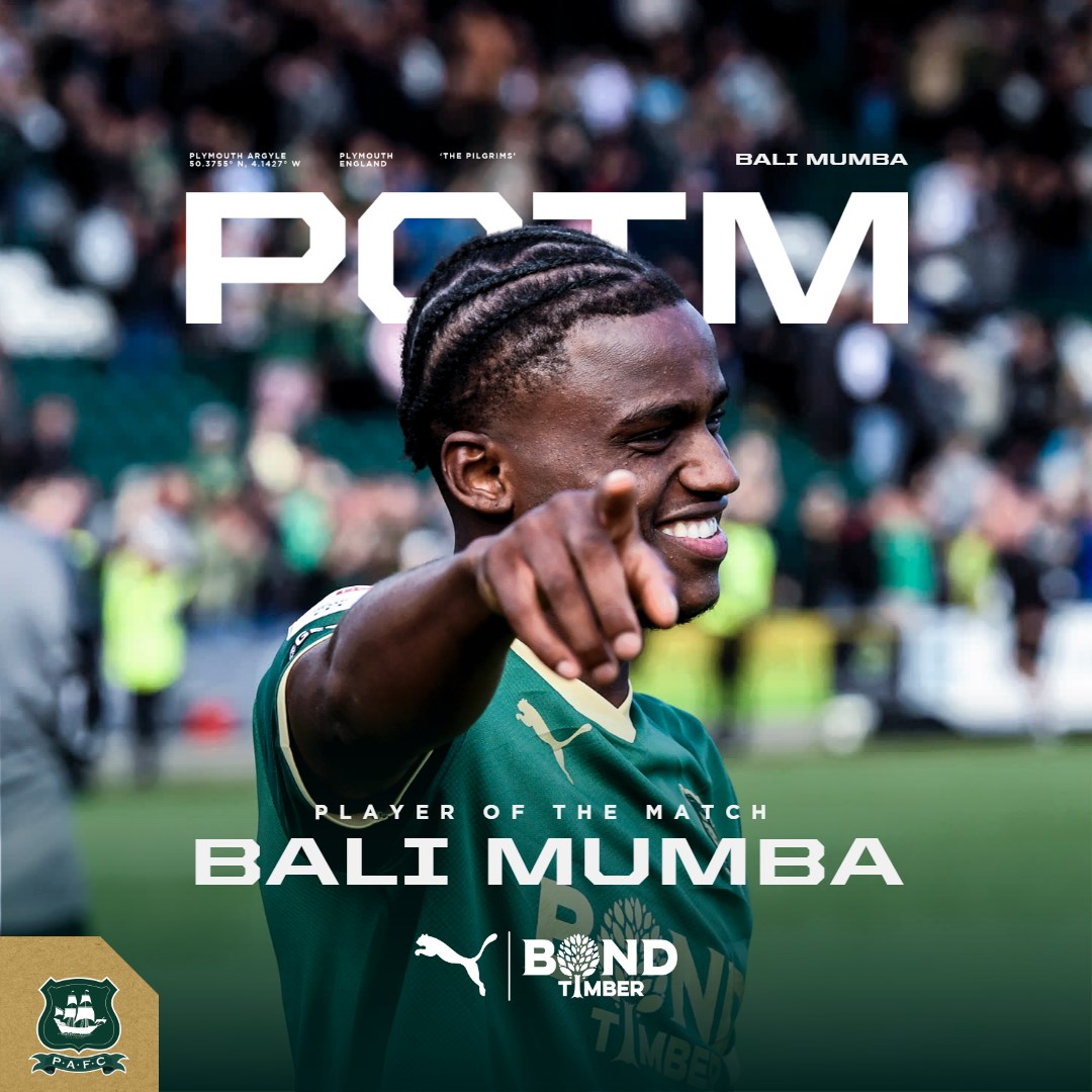 Plymouth Argyle FC (@argyle) on Twitter photo 🙌 Today's player of the match, as voted for by the Green Army in our post-match poll, is <a href="/BaliMumba8/">Bali Mumba</a> .
#pafc 🙌 Today's player of the match, as voted for by the Green Army in our post-match poll, is <a href="/BaliMumba8/">Bali Mumba</a> .
#pafc