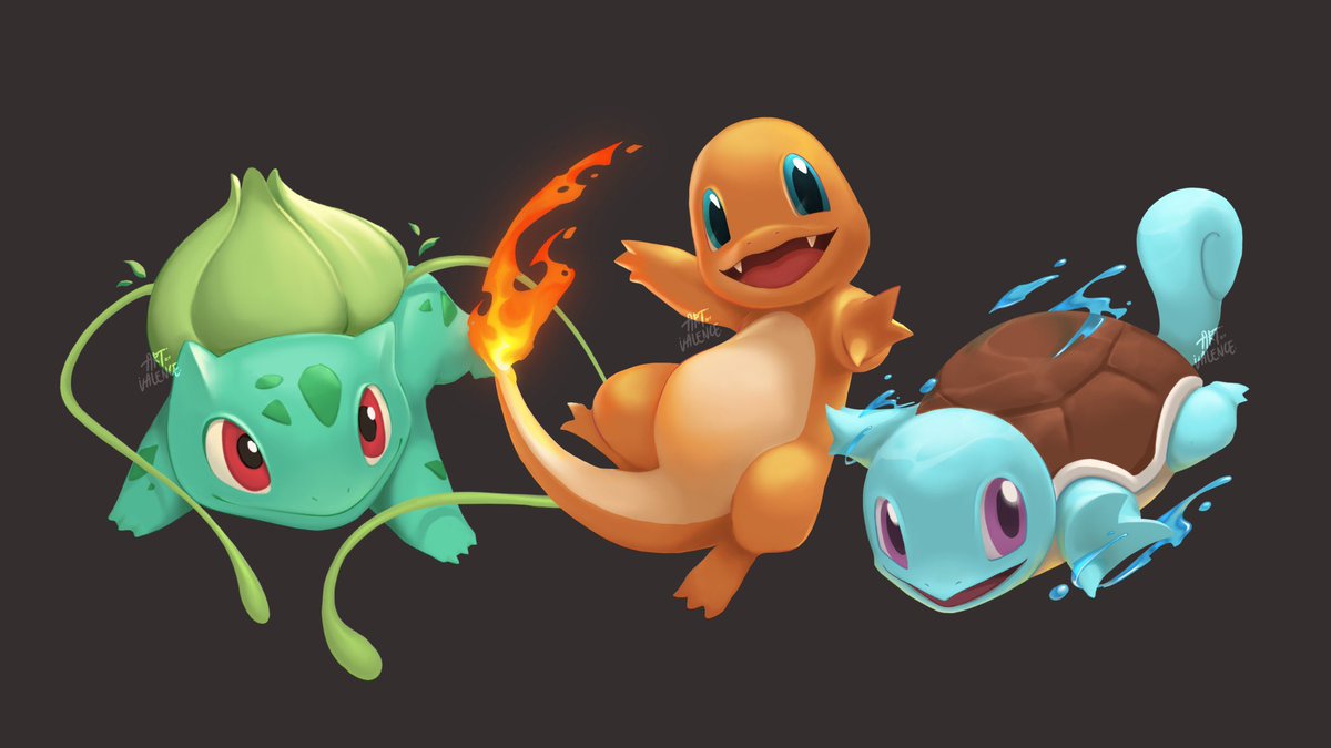 bulbasaur ,charmander ,squirtle pokemon (creature) no humans fire open mouth smile flame-tipped tail fangs  illustration images