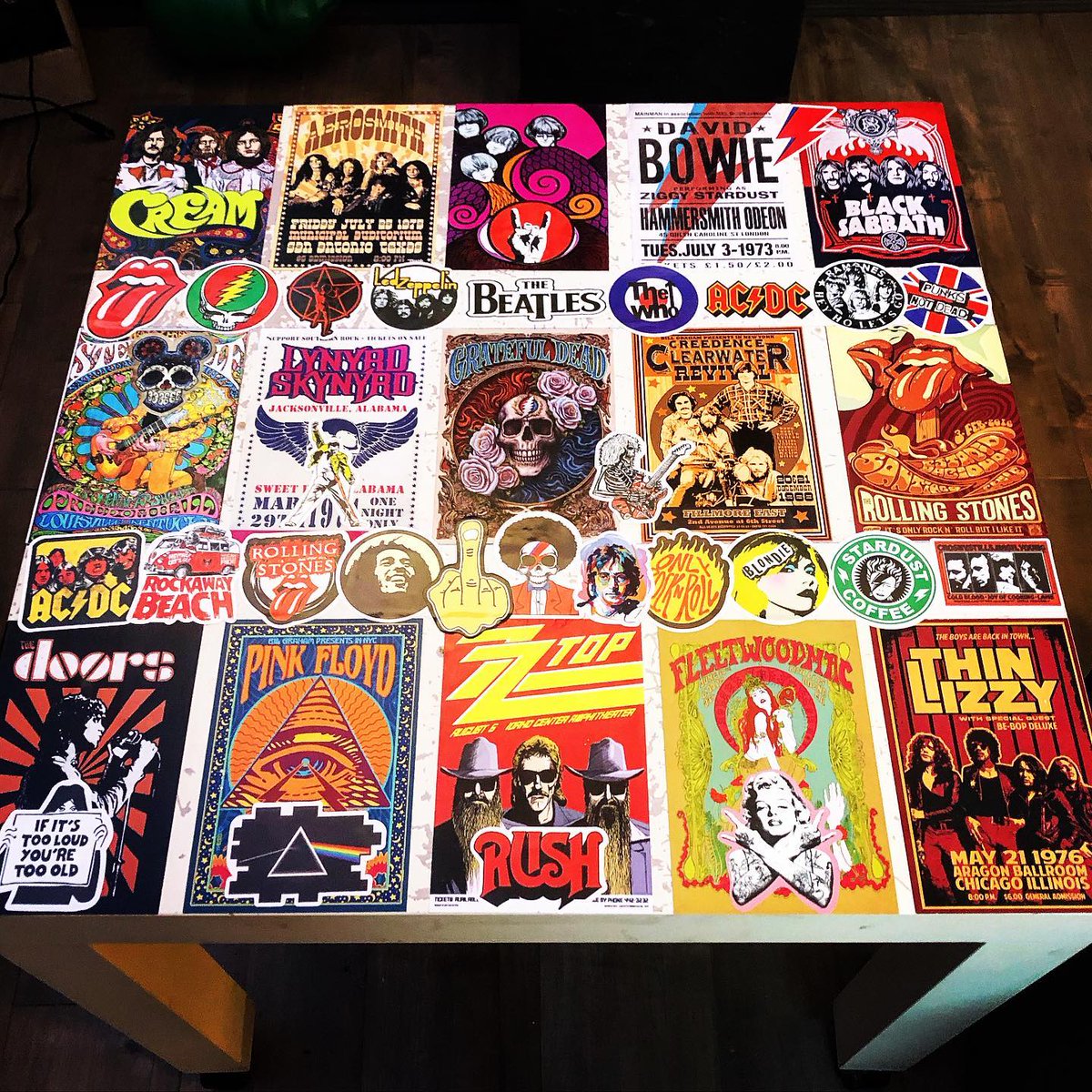 speakergeek's tweet photo. Spending a rainy Saturday applying my Mod Podge skillz to add some rock n roll to an old IKEA side table. #modpodge #rocknroll https://t.co/n6KJvhedjE