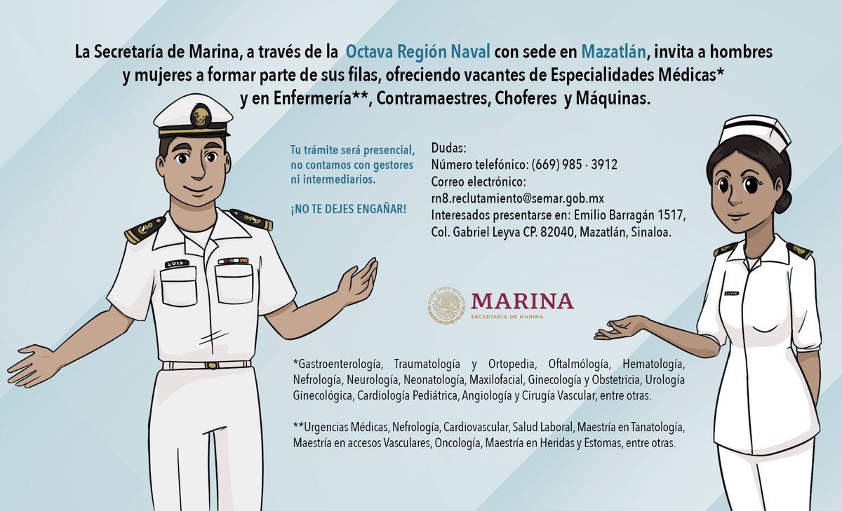 Si estás interesado en ser parte de nuestras filas, ¡la Octava Región Naval tiene vacantes para ti!

Consulta los requisitos en bit.ly/3YopVo3 y forma parte de la #GranFamiliaNaval.

#Recuerda que tu trámite es directo, presencial y gratuito.

#Mazatlán
#Sinaloa