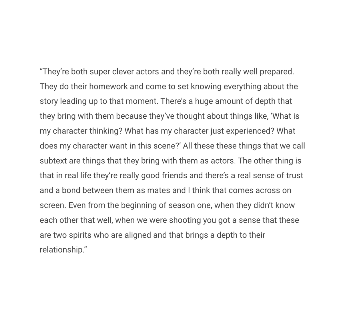 dailyjlocke's tweet photo. euros lyn on working with joe and kit:

"even from the beginning of season one, when they didn't know each other well, when we were shooting you got a sense that these are two spirits who are aligned and that brings a depth to their relationship." https://t.co/lOp97admMz