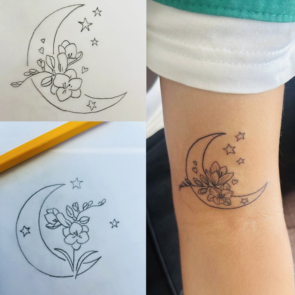 ESearleDesigns's tweet photo. A different kind of canvas for this commission. Asked to create an image in memory of a loved one incorporating their favourite flower and a shared commitment to love each other to the moon and back #tattoo #tattooart https://t.co/TFbBE8uL2S