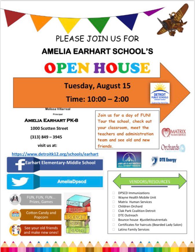 AmeliaDpscd's tweet photo. Please join us for Earhart’s Open House on Tuesday August 15th from 10-2! We look forward to seeing everyone! ☀️ https://t.co/laGyVGeqHt