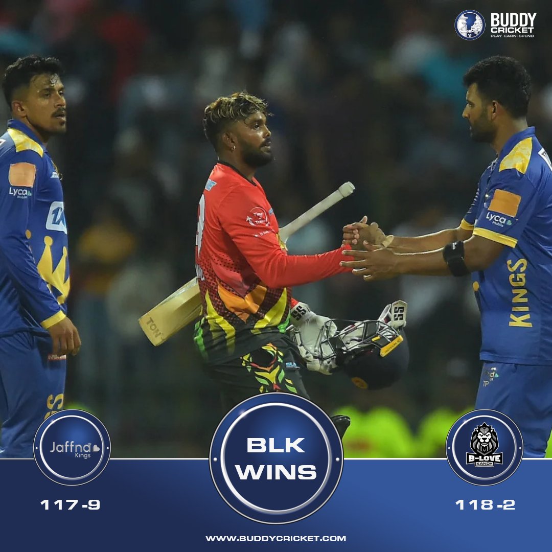 B-Love Kandy sweeps to victory, winning by 8 wickets against Jaffna Kings! 🏏

#JaffnaKings #blovekandy #kandy #lpl2023 #cricketfever #KingsOfTheNorth #YaalKollo #AdidaMachan #LPL23 #SriLankaCricket #SLCricket #LankaPremierLeague #CricketThrills #lpl2023live #lankanpremierleague