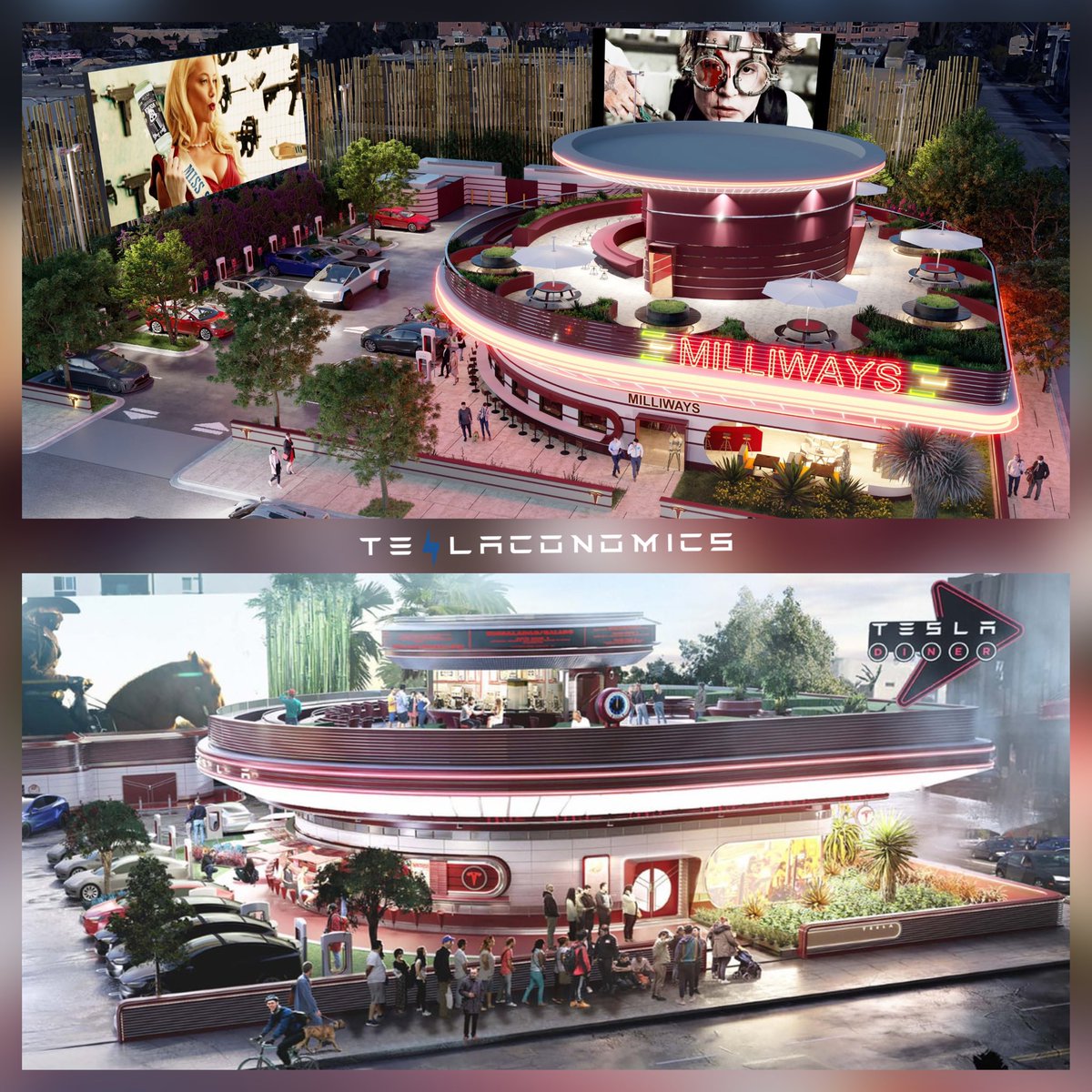 Teslaconomics's tweet photo. Futuristic diner coming to Tesla Supercharger Stations in LA later this year. 👀⚡️🍔🍟🔋

Picture pulling up to a Supercharger Station, not just to recharge your Tesla, but to charge yourself as well. This isn’t just about grabbing a quick bite, it’s an opportunity to dive into an experience that will transform your routine charge stop into a fun filled adventure, where Grease meets The Jetsons.

It’s going to be a place where you can savor delicious, thick milkshakes and crispy, golden fries, creating a fun party of nostalgic flavor, all while you connect with other Tesla owners and EV enthusiasts. It’s going to become a social hot spot, a place to watch a short movie, a place where the buzz of conversations rivals the charging sounds of high speed V3 chargers, where stories are shared, and where one of the most fun memorable memories are shared.