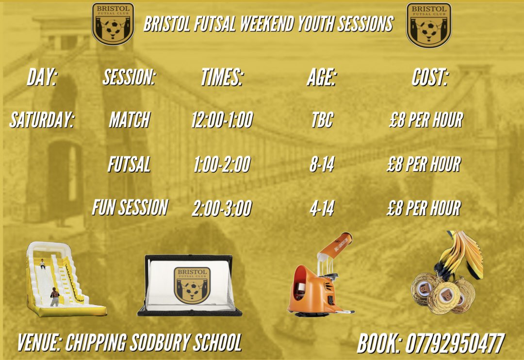Youth Weekend Sessions And Matches Starting September ⏳

We are planning on our teams play matches once per month next year as well as keeping our training and fun sessions going. Fun sessions are when we get the inflatable Bristol Futsal Slide out, Football Launcher and matches
