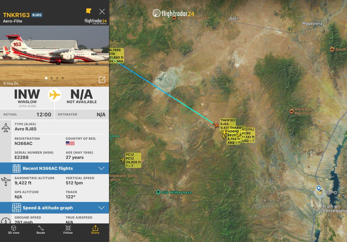 Bewickwren's tweet image. Tanker 163 arriving at #DolanFire 
#NMFire
🔥🔥🔥

Flight from Winslow 
fr24.com/TNKR163/317529…