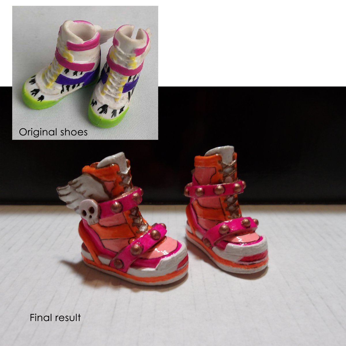 DDarakhen's tweet photo. Testing my new camera with one of the things I love most about doll customizing : shoes :) Black pair I just finished and pink pair I did a while back for the pure neemo version of the red lady which I of course never finished lol #OOAK #dollshoes #sneakers https://t.co/I3xGl2zPJe