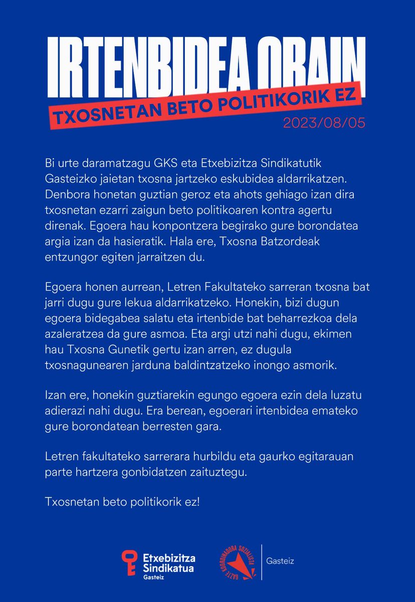 GKS_Gasteiz's tweet photo. OHARRA |
Txosna jarri dugu Letren Fakultateko sarreran gure lekua aldarrikatzeko https://t.co/Nn3rRr9DDm