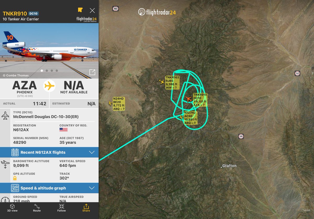 Bewickwren's tweet image. And another one - the DC10 arrivesfrom Phoenix at the #DolanFire
#NMFire
🔥🔥🔥

Flight from Phoenix 
fr24.com/TNKR910/317512…