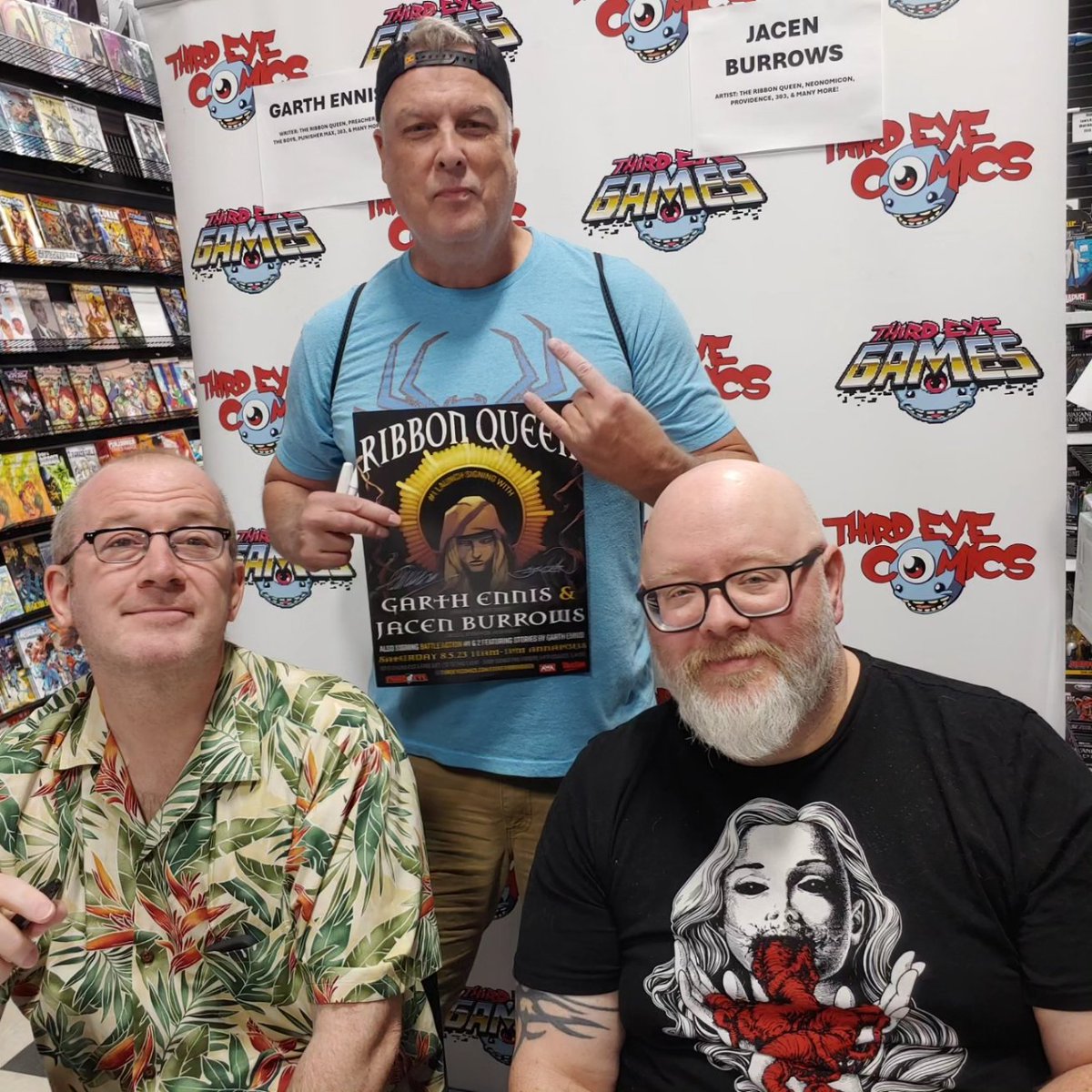 wavegigger's tweet photo. Phenomenal signing event today at THIRD EYE COMICS for the Ribbon Queen #1 Launch Signing with writer Garth Ennis and artist Jacen Burrows !! 🤘💥
@AWA_Studios @thirdeyecomics https://t.co/4lIJyiedK7