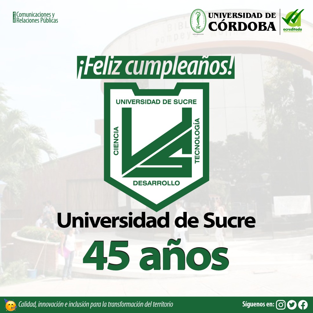 Unicordoba_Col's tweet photo. Felicitamos a la Universidad de Sucre @Unisucre en sus 4️⃣5️⃣años de vida académica e institucional 🥳🎉🎊
¡Feliz cumpleaños, @Unisucre!
#45AñosDeSucre #Unisucre45Años
#Unisucre #AcreditaciónInstitucional https://t.co/Kumetq9I8q
