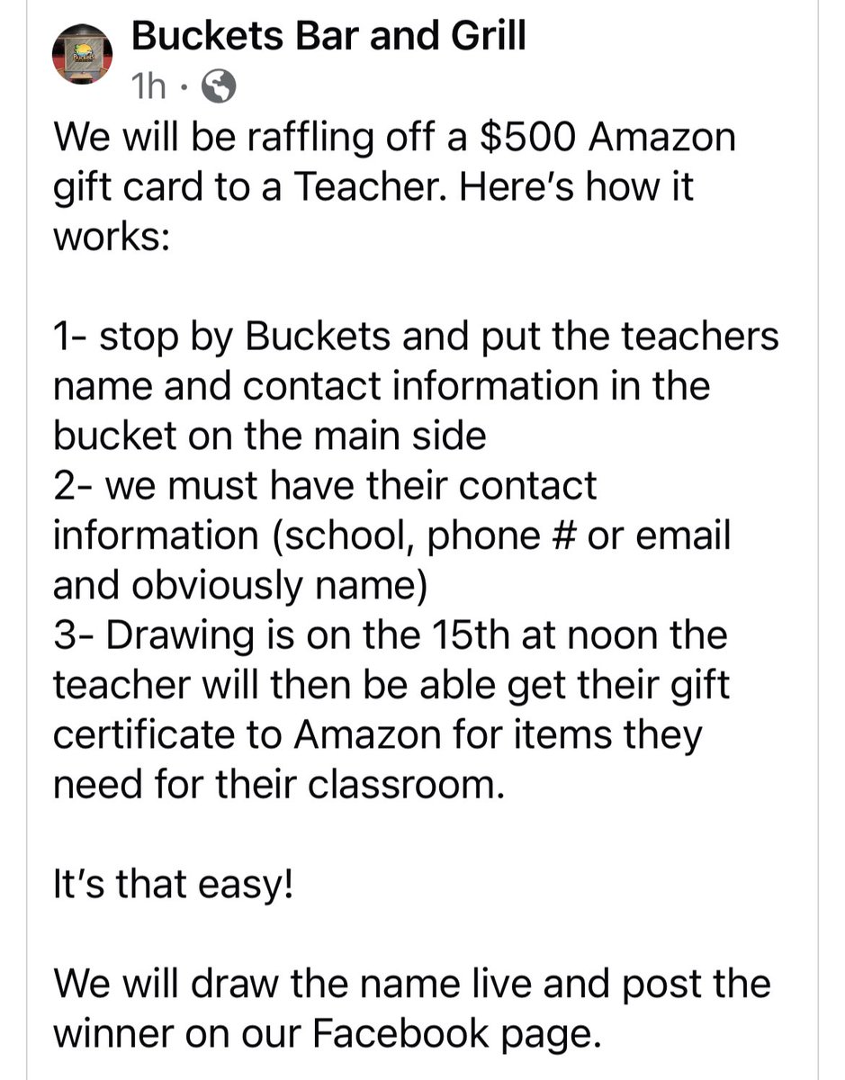 BruceBossuot's tweet photo. Teachers hit up Buckets and get your name in for a $500 Amazon card. We will be doing a live drawing August 15th. https://t.co/3PcVGppzY2