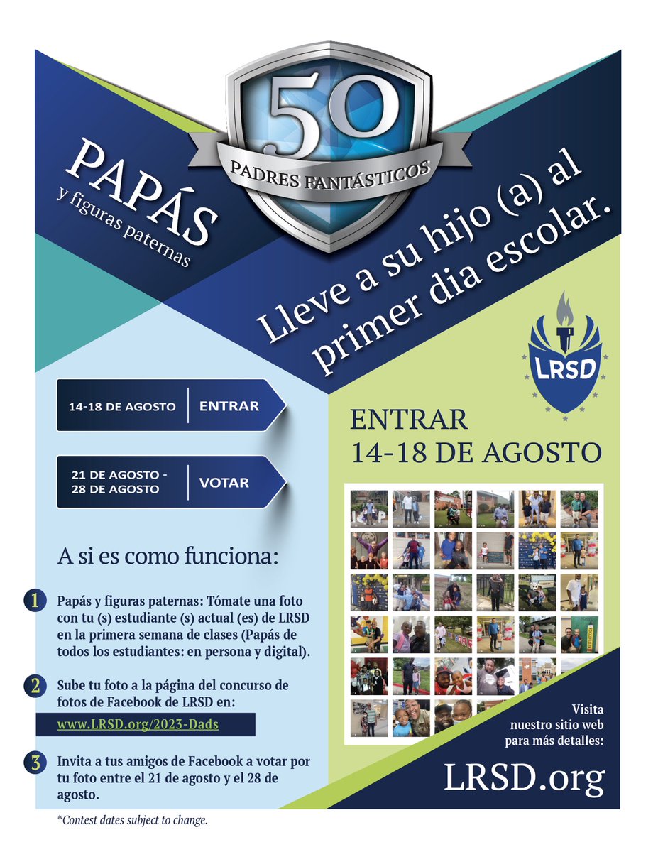 lrsd's tweet photo. Calling all fathers/father figures! Snap a photo with you and your current LRSD student(s) during the first week of school and upload it between August 14-28 for a chance to win! 💙🤍 https://t.co/DKYhETmaGm
