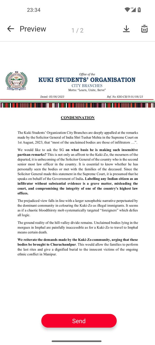 KSOBengaluru's tweet photo. 1/3 The Kuki Students' Organisation City Branches strongly objects to the highly insensitive and uncultured remarks made by Mr. Tushar Mehta, the #SolicitorGeneral of India, the second most senior law officer in a recent SC hearing.

#SaveKukiZoLives
#Kuki_Zolivesmatters https://t.co/u711XS5AhX
